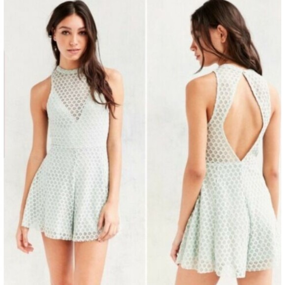 Urban Outfitters Silence Noise Romper Women S Lace Green Sheer High Neck Preppy - Picture 1 of 13